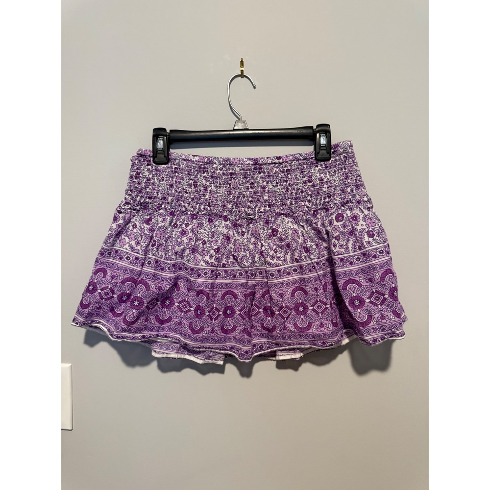 Aerie Purple Floral Smocked Mini Skirt Boho Ruffle Tiered Summer Skirt M